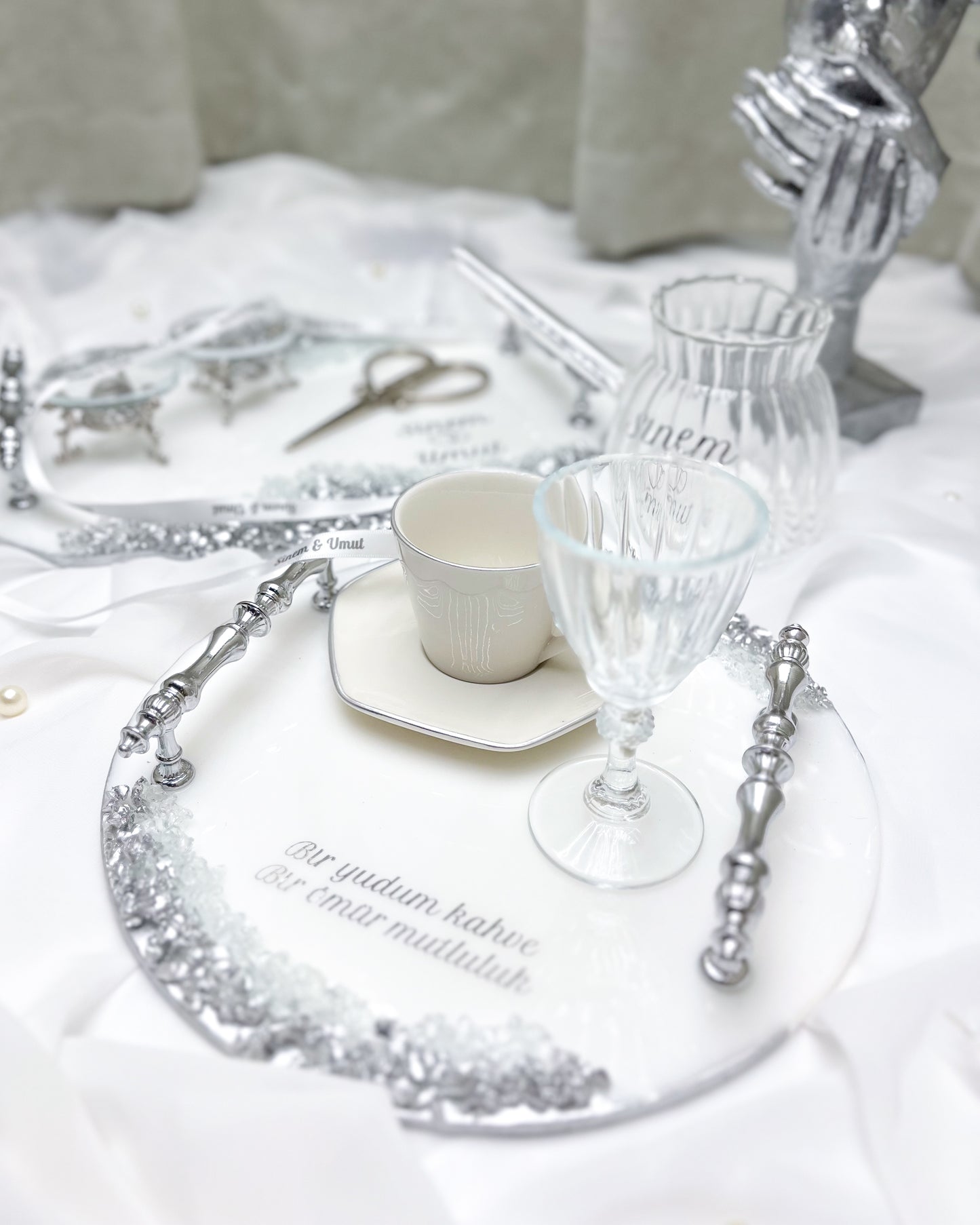 Taşlı Epoksi - SILVER - Tepsi Seti
