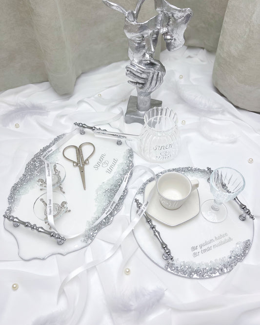 Taşlı Epoksi - SILVER - Tepsi Seti