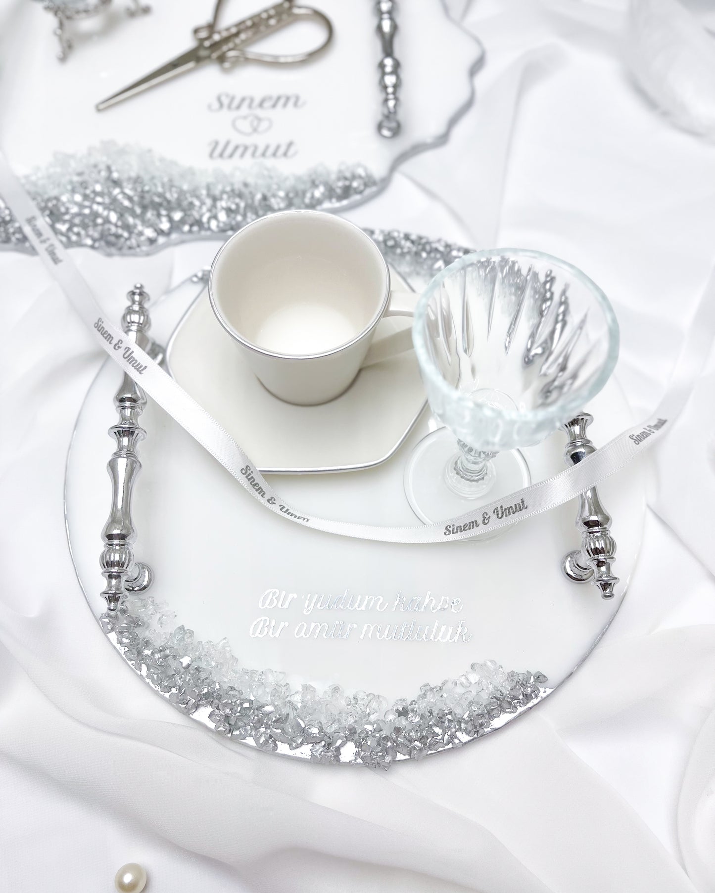Taşlı Epoksi - SILVER - Tepsi Seti