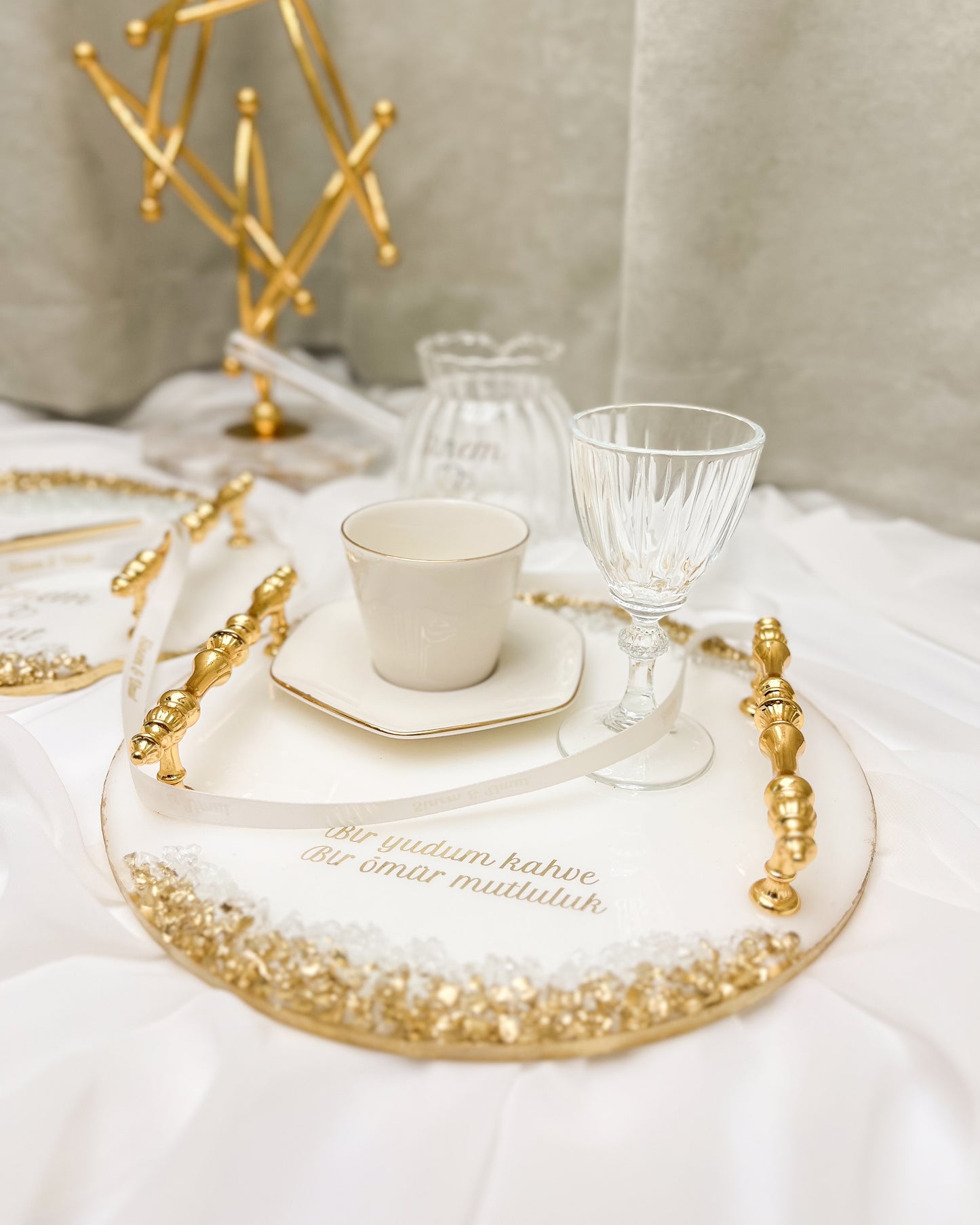Taşlı Epoksi - GOLD - Tepsi Seti