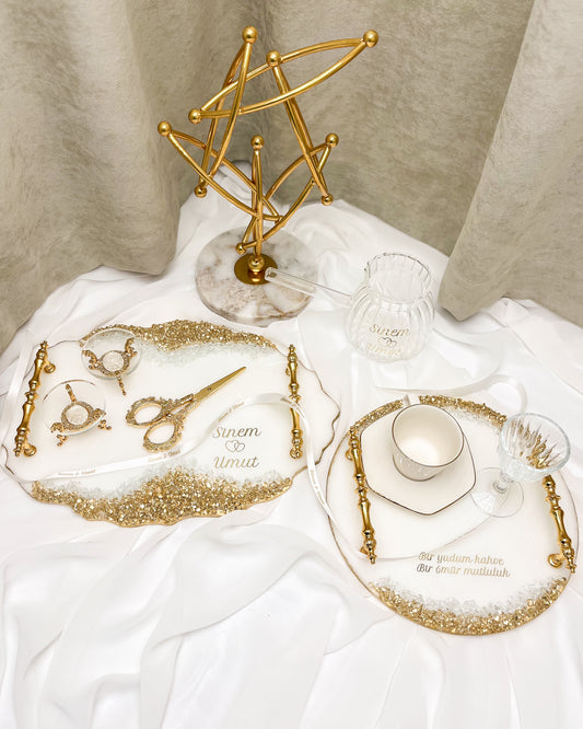 Taşlı Epoksi - GOLD - Tepsi Seti